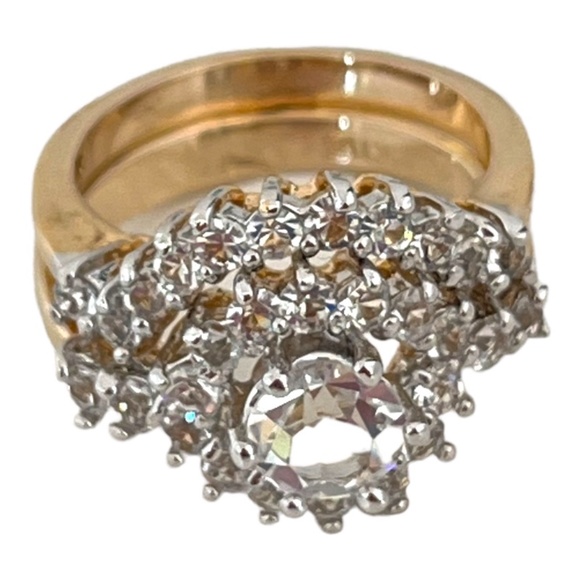 Vintage Wedding Ring Set Cubic Zirconia 14K Yellow Gold Electroplate Bridal Set - Picture 3 of 5